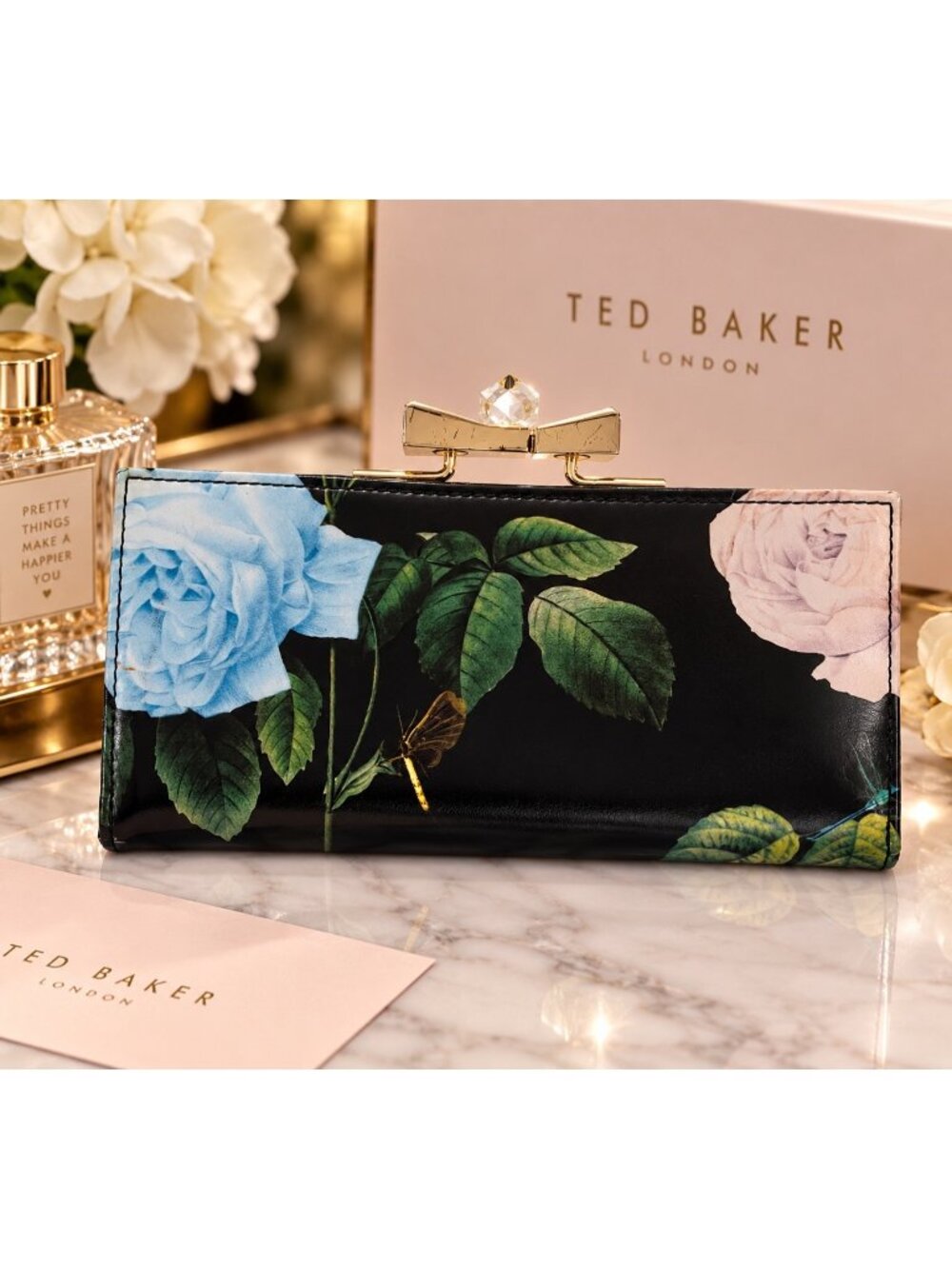 Ted Baker London Leather Floral Matinee Wallet Crystal Bow Clasp NWT $150